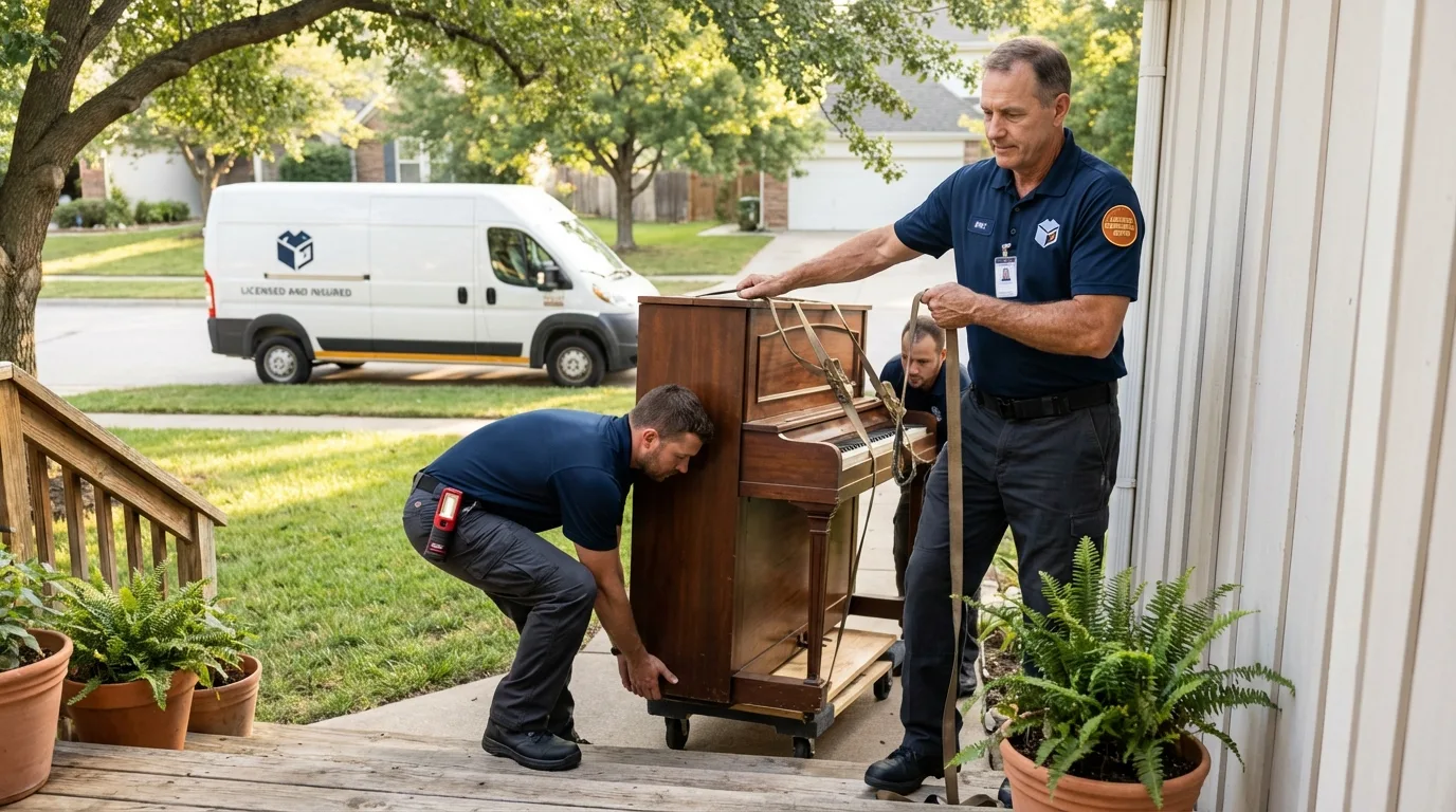 Licensed piano movers securing grand piano in Baldwin, NY