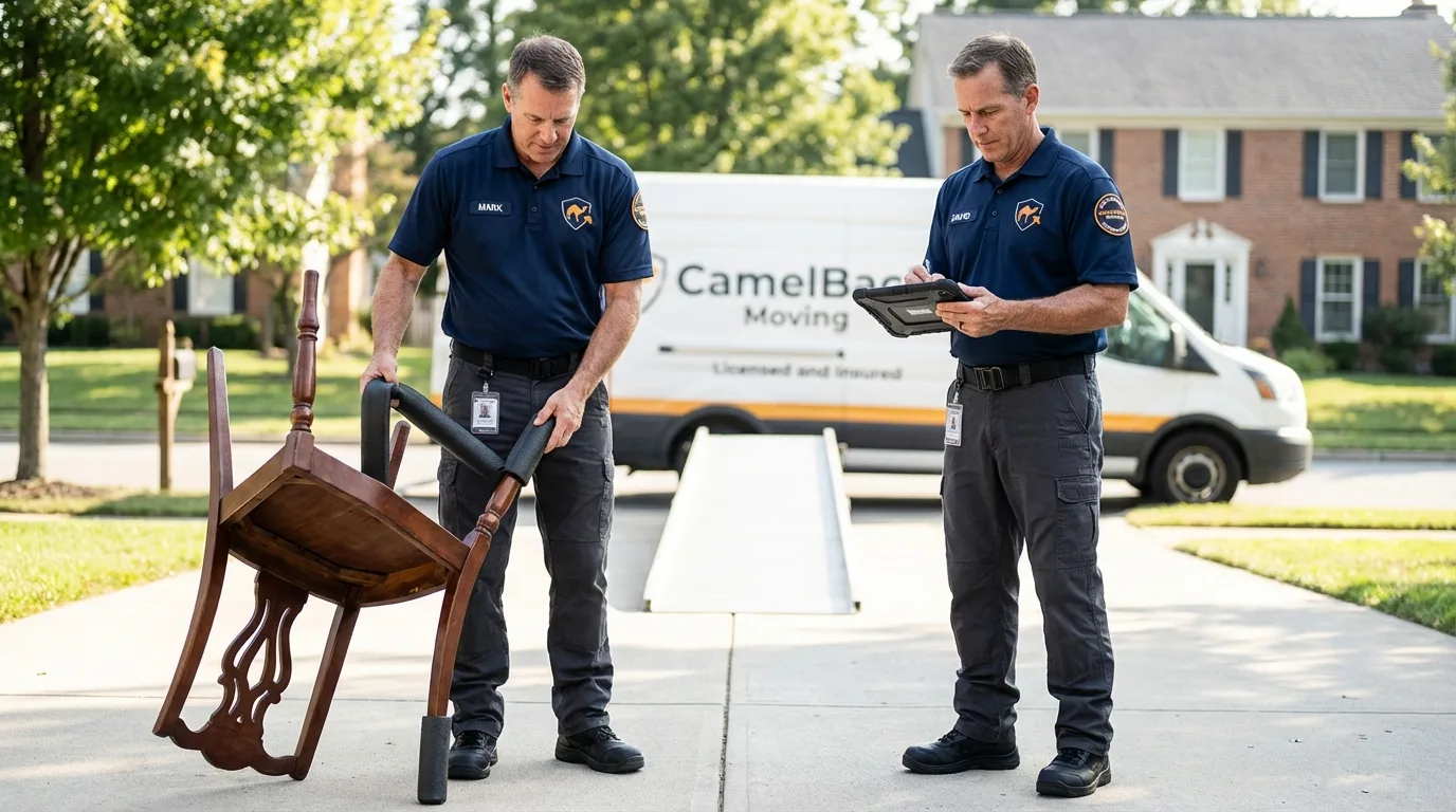 Movers inspecting furniture for damage prevention before loading in Baldwin, NY